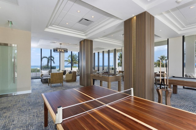 2600 S Ocean Blvd Phd, Phd, Boca Raton, FL 33432 - recreation room featuring a raised ceiling, carpet floors, floor to ceiling windows, and decorative columns