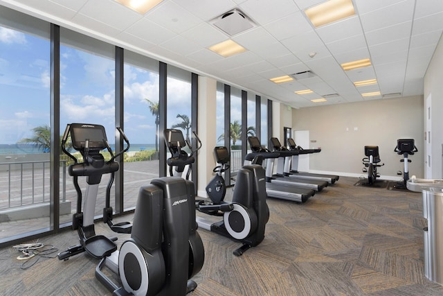 2600 S Ocean Blvd Phd, Phd, Boca Raton, FL 33432 - gym featuring expansive windows, baseboards, carpet, and a paneled ceiling