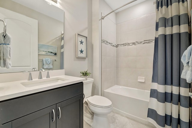 bathroom with vanity, shower / bathtub combination with curtain, and toilet