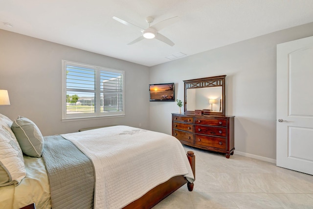 bedroom with baseboards, ceiling fan, and visible vents