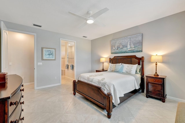 bedroom with ceiling fan, baseboards, visible vents, and light tile patterned floors