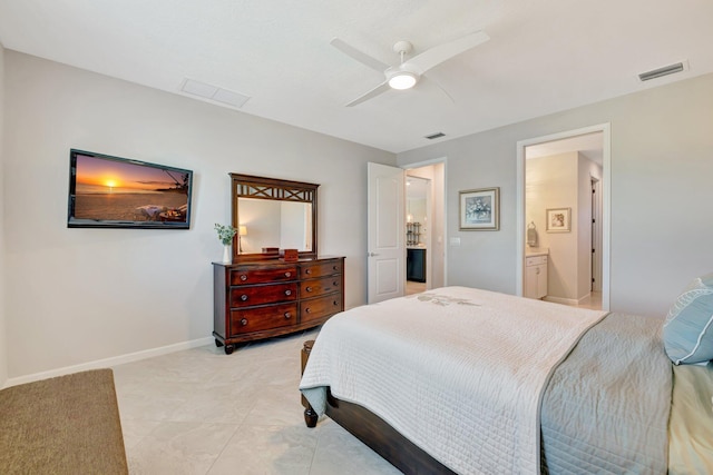 bedroom featuring baseboards, visible vents, and ceiling fan