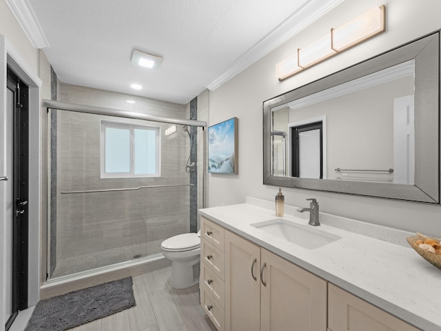 8659 Thousand Pines Cir, West Palm Beach, FL 33411 - full bathroom with a shower stall, toilet, crown molding, and vanity