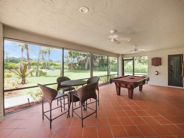 8659 Thousand Pines Cir, West Palm Beach, FL 33411 - game room featuring a textured ceiling, a ceiling fan, tile patterned flooring, and billiards