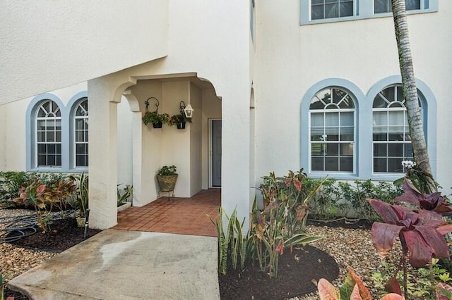 view of exterior entry featuring stucco siding