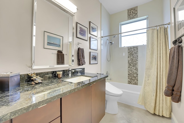 bathroom with toilet, shower / bath combination with curtain, tile patterned flooring, and vanity