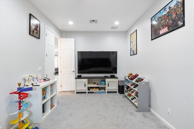game room with carpet floors, recessed lighting, and baseboards