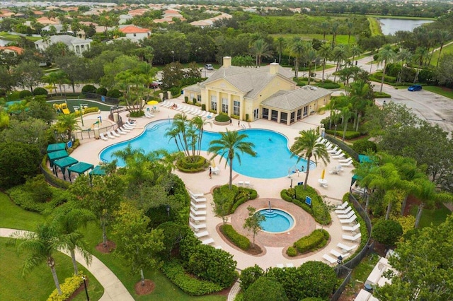 drone / aerial view of a pool