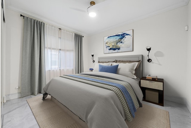 bedroom featuring crown molding, marble finish floor, and baseboards