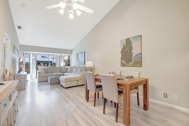 2406 Landings Blvd, Greenacres, FL 33413 - dining room with high vaulted ceiling, a ceiling fan, light wood finished floors, and baseboards