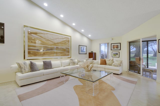 6907 Fountains Cir, Lake Worth, FL 33467 - living area with recessed lighting and high vaulted ceiling