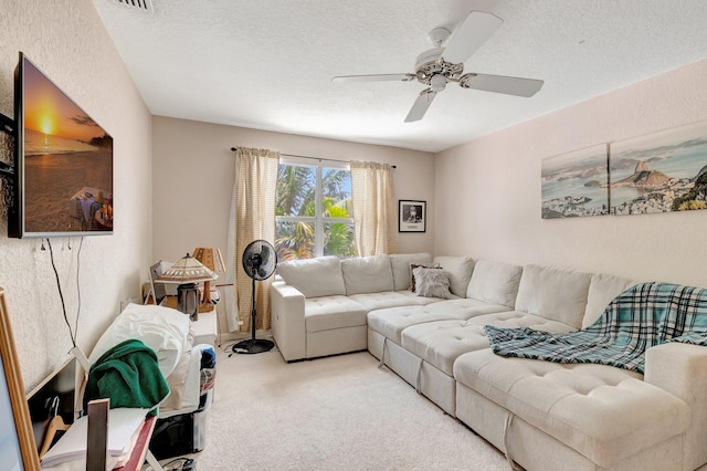 6290 Windchime Pl, Boynton Beach, FL 33472 - living room with carpet flooring, a ceiling fan, and a textured ceiling