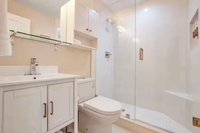 bathroom with a shower stall, vanity, and toilet