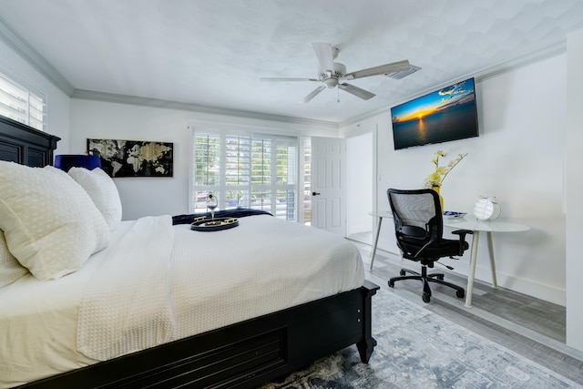 1050 Singer Dr, Singer Island, FL 33404 - bedroom featuring baseboards, a ceiling fan, wood finished floors, and crown molding