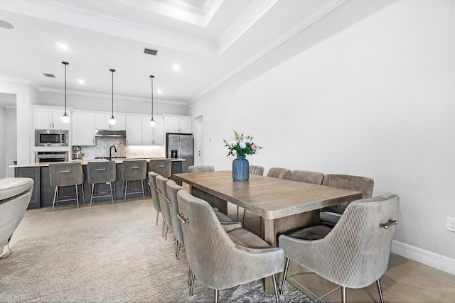 dining space with recessed lighting, visible vents, and ornamental molding