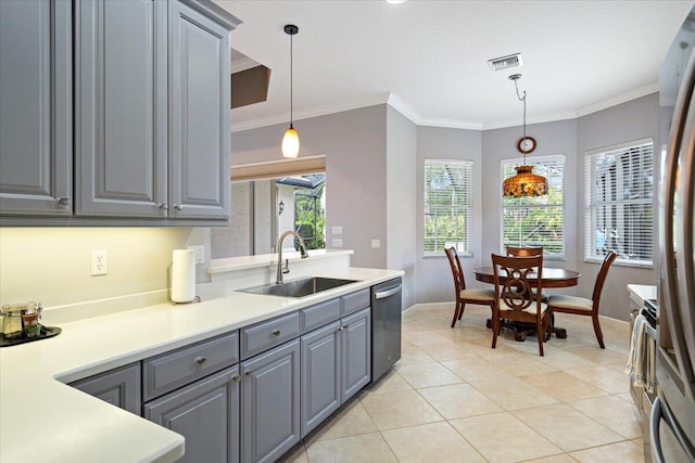kitchen with a sink, light tile patterned floors, visible vents, gray cabinetry, and appliances with stainless steel finishes
