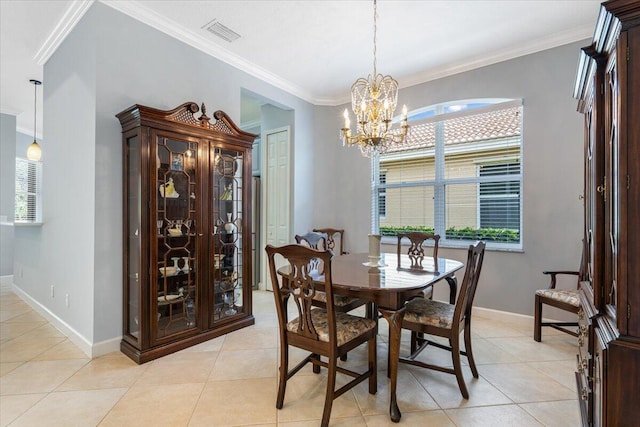 dining room with light tile patterned floors, baseboards, visible vents, a notable chandelier, and crown molding