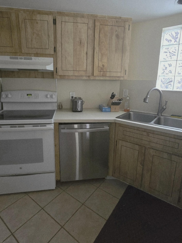 102 Weybridge Cir Unit D, Royal Palm Beach, FL 33411 - kitchen featuring dishwasher, white range with electric cooktop, a sink, range hood, and light tile patterned floors