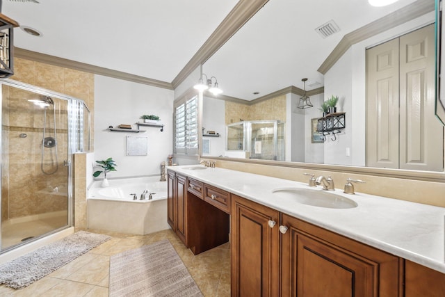 bathroom with crown molding, double vanity, a bath, a shower stall, and a sink