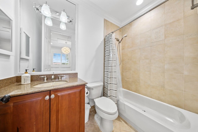 full bathroom featuring shower / bath combo with shower curtain, ornamental molding, tile patterned flooring, vanity, and toilet