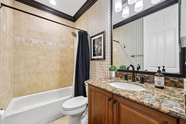 bathroom with vanity, ornamental molding, toilet, and shower / tub combo with curtain