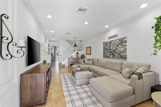 living room with visible vents, stairs, light tile patterned floors, ornamental molding, and recessed lighting