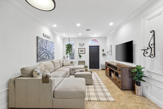 living room featuring recessed lighting, visible vents, ornamental molding, and light tile patterned floors