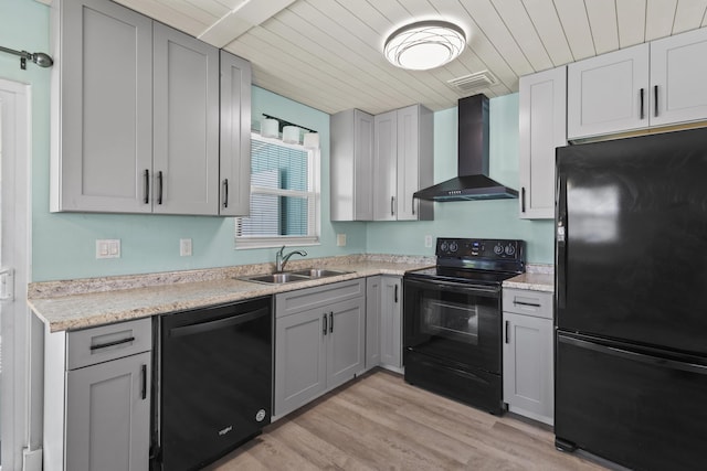 kitchen featuring wall chimney exhaust hood, wood ceiling, a sink, and black appliances