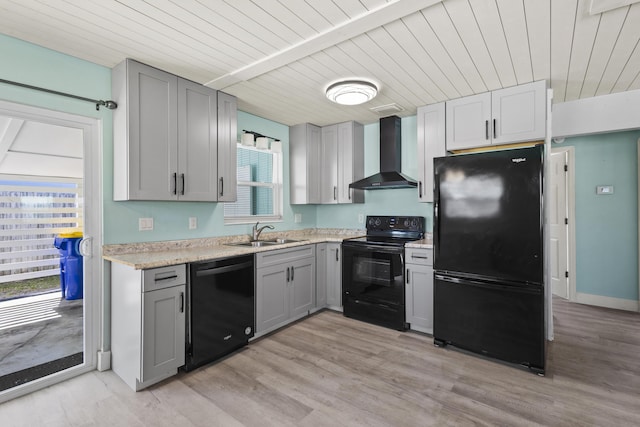kitchen featuring wooden ceiling, a sink, wall chimney exhaust hood, gray cabinetry, and black appliances