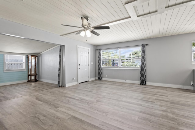 unfurnished living room with light wood-style floors, a ceiling fan, baseboards, and wooden ceiling