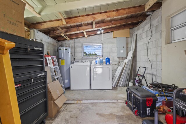 below grade area featuring electric water heater, electric panel, wood ceiling, concrete block wall, and independent washer and dryer