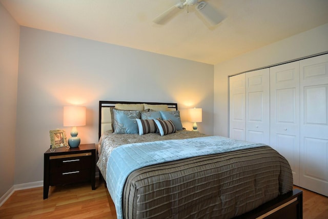 1432 S Lakeside Dr Unit 11, Lake Worth Beach, FL 33460 - bedroom featuring light wood-style floors, baseboards, ceiling fan, and a closet