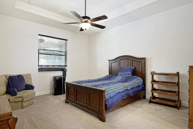 bedroom featuring light colored carpet, baseboards, ceiling fan, and ornamental molding