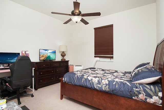 bedroom with light colored carpet and ceiling fan
