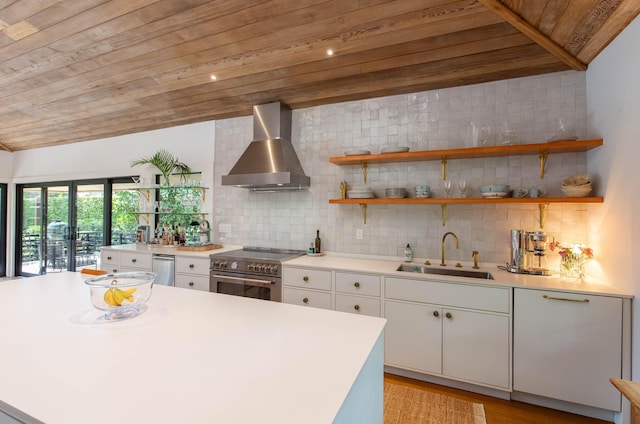 kitchen with tasteful backsplash, a sink, stainless steel appliances, wooden ceiling, and wall chimney exhaust hood