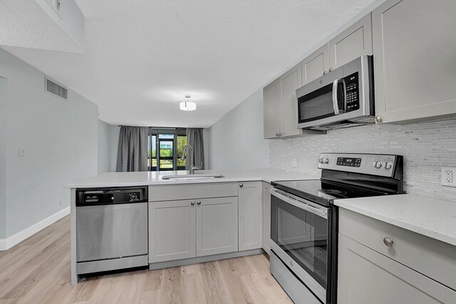 4345 Trevi Ct Unit 108, Lake Worth, FL 33467 - kitchen featuring stainless steel appliances, a peninsula, backsplash, and light wood-type flooring