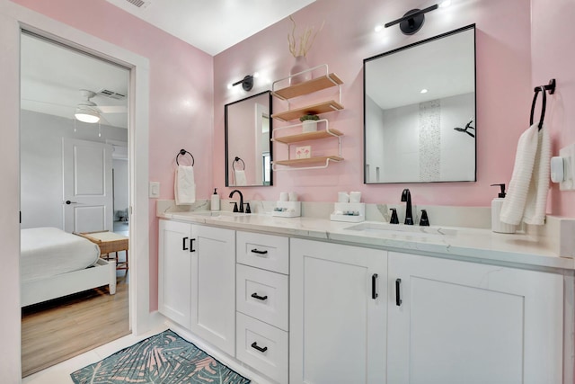 full bathroom featuring a sink, double vanity, a shower, and visible vents