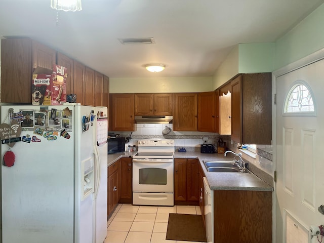 7677 NW 90th Ct, Okeechobee, FL 34972 - kitchen with white appliances, a sink, under cabinet range hood, brown cabinets, and tasteful backsplash