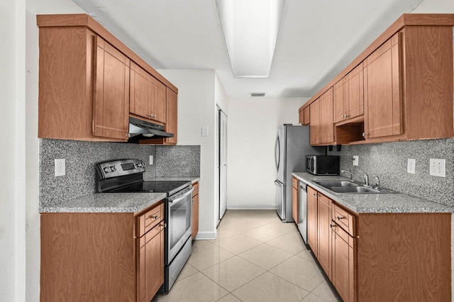 kitchen featuring a sink, backsplash, under cabinet range hood, and stainless steel appliances