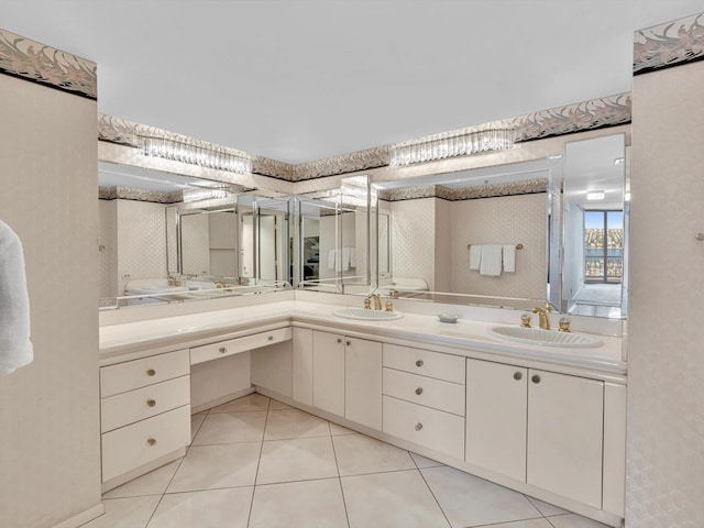 4740 S Ocean Blvd Unit 606, Highland Beach, FL 33487 - full bath featuring a sink, tile patterned flooring, wallpapered walls, and double vanity