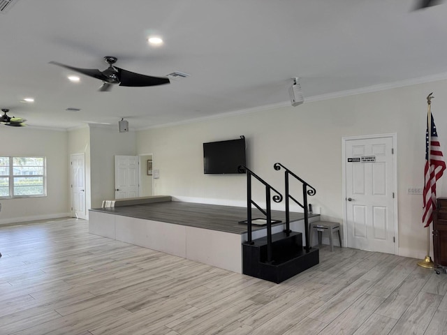 14699 Canalview C Dr Unit C, Delray Beach, FL 33484 - unfurnished living room with a ceiling fan, light wood-type flooring, crown molding, baseboards, and recessed lighting