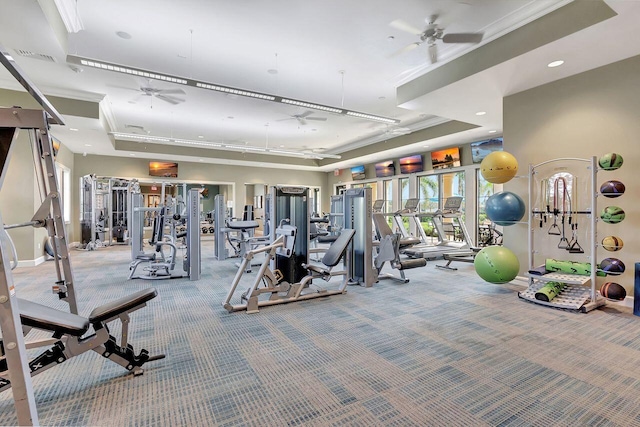 workout area with carpet flooring, a ceiling fan, a tray ceiling, and ornamental molding