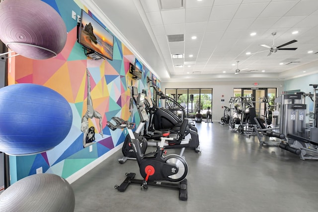 2560 NW 70th Blvd, Boca Raton, FL 33496 - workout area with a paneled ceiling, ceiling fan, recessed lighting, and baseboards