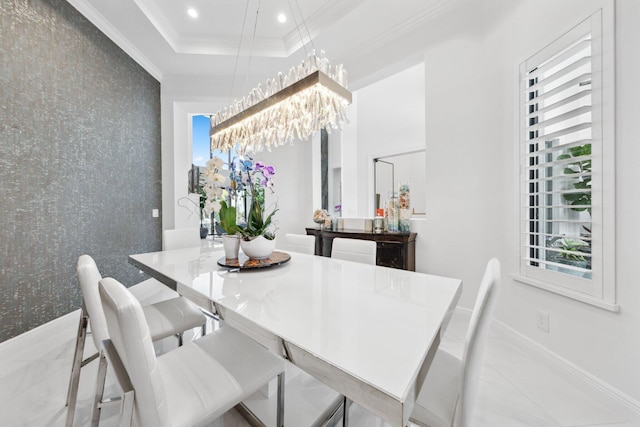 2560 NW 70th Blvd, Boca Raton, FL 33496 - dining area with a chandelier, crown molding, marble finish floor, baseboards, and wallpapered walls
