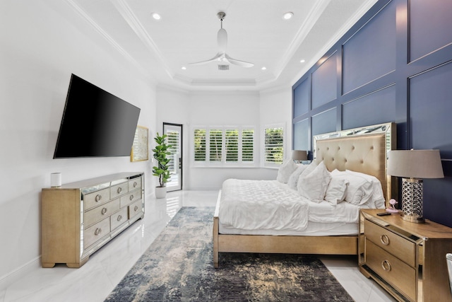 2560 NW 70th Blvd, Boca Raton, FL 33496 - bedroom with recessed lighting, ornamental molding, marble finish floor, and a tray ceiling