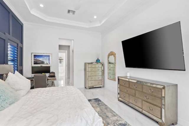 2560 NW 70th Blvd, Boca Raton, FL 33496 - bedroom with a raised ceiling, visible vents, recessed lighting, ornamental molding, and marble finish floor