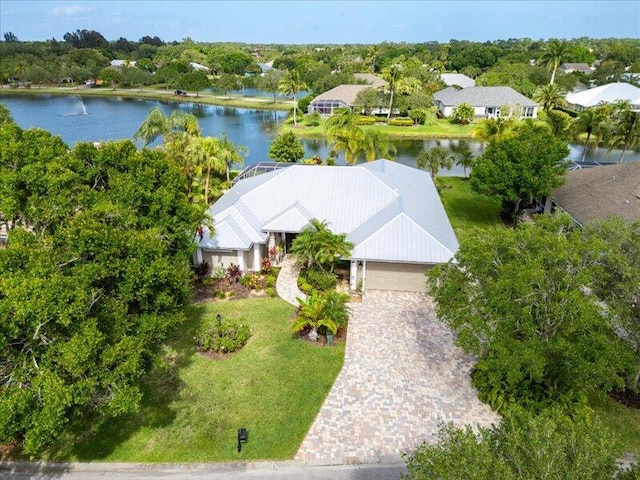 drone / aerial view featuring a water view