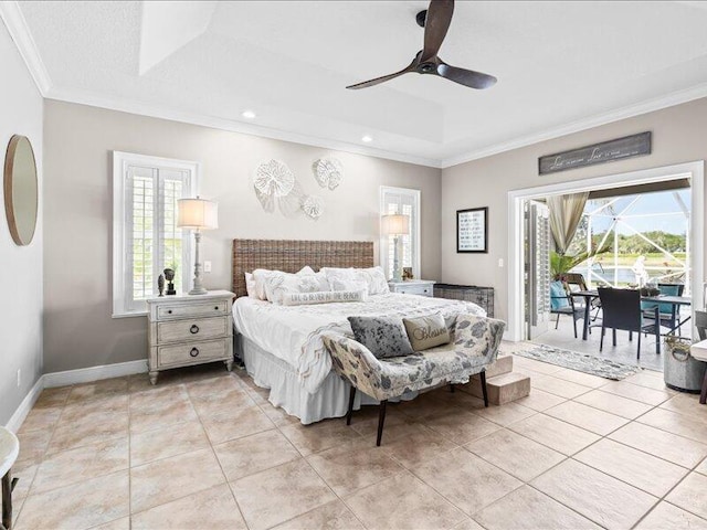 bedroom with ornamental molding, a ceiling fan, light tile patterned flooring, and access to exterior