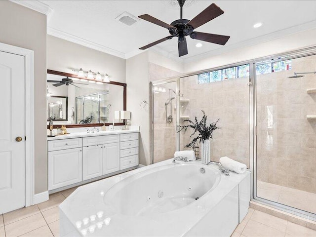 full bathroom featuring crown molding, tile patterned floors, a ceiling fan, a whirlpool tub, and a stall shower