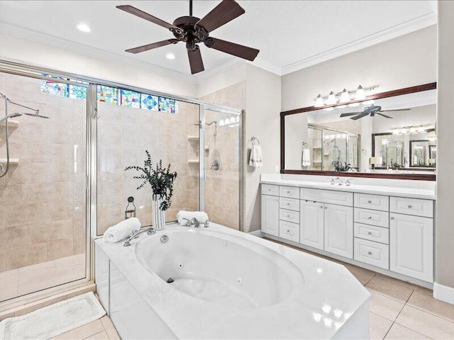 full bath featuring crown molding, a ceiling fan, vanity, and a stall shower